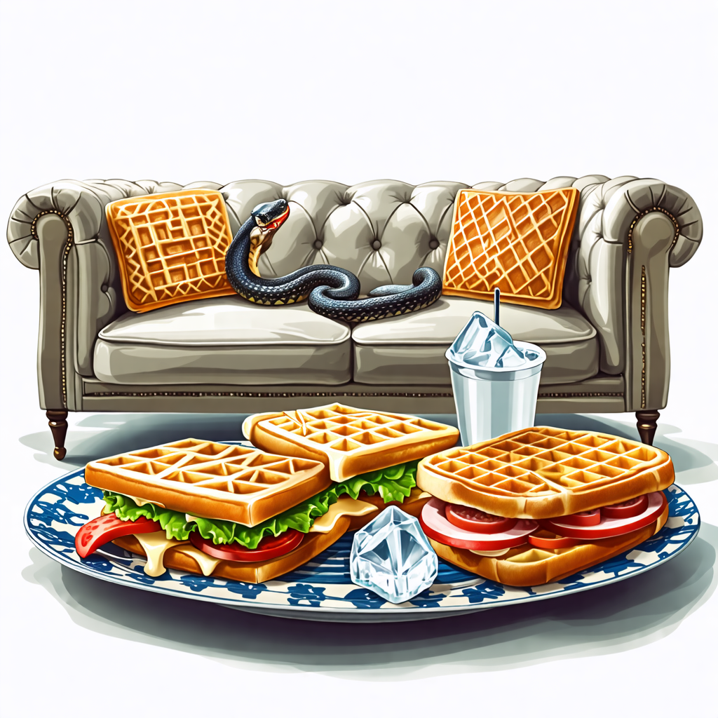 couch, sandwich, waffle, ice, snake