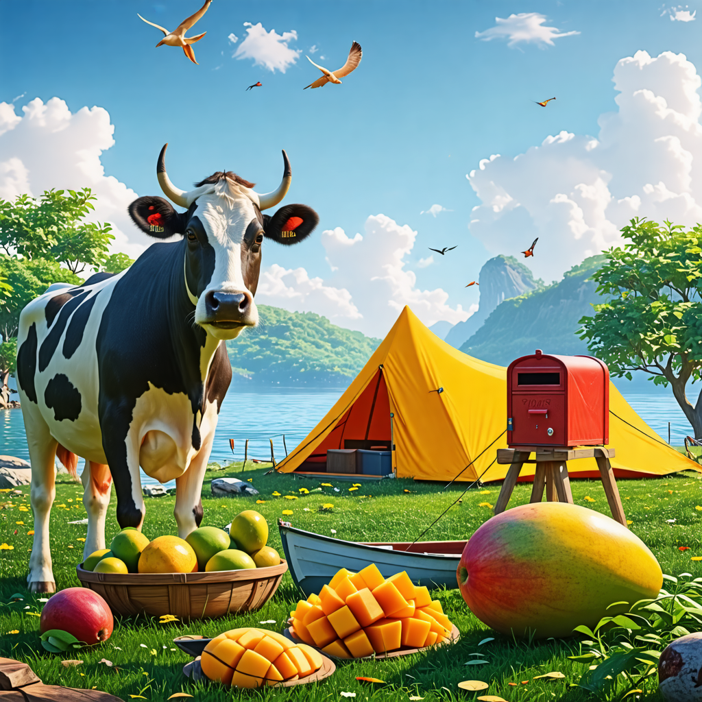 cow, mango, mailbox, boat, tent