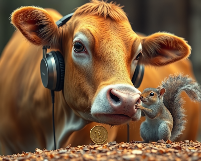 cow, yellow, headphones, coin, squirrel