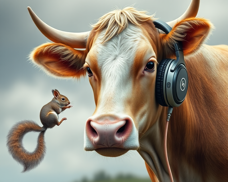 cow, yellow, headphones, coin, squirrel