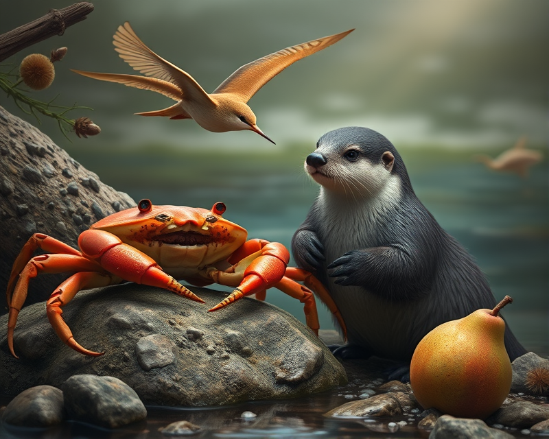 crab, bird, otter, pear