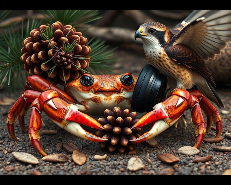 crab, pinecone, falcon, headphones