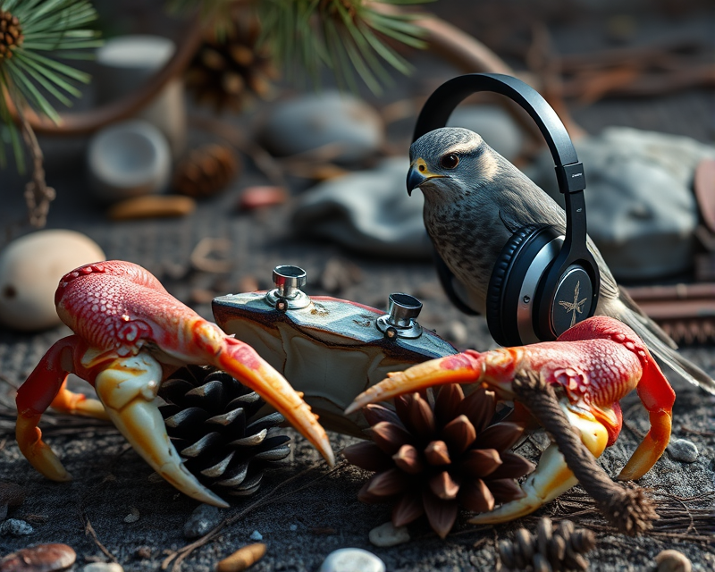 crab, pinecone, headphones, falcon