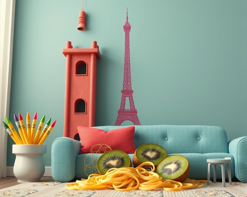 crayon, noodle, tower, kiwi, couch