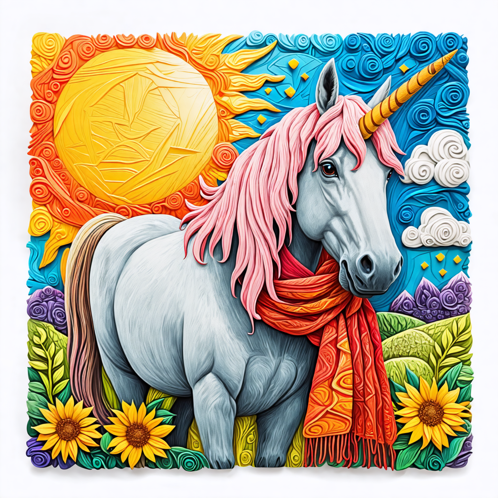 crayon, scarf, mule, unicorn, sun