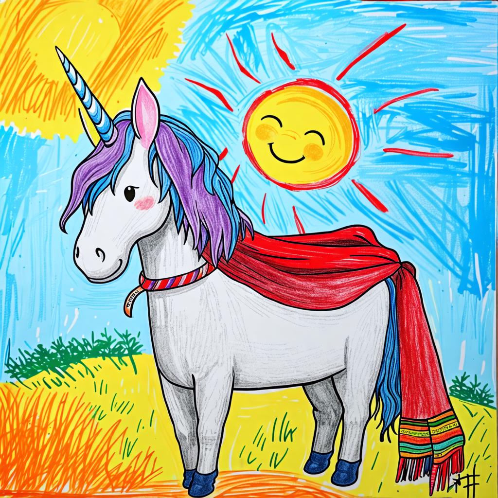 crayon, scarf, mule, unicorn, sun