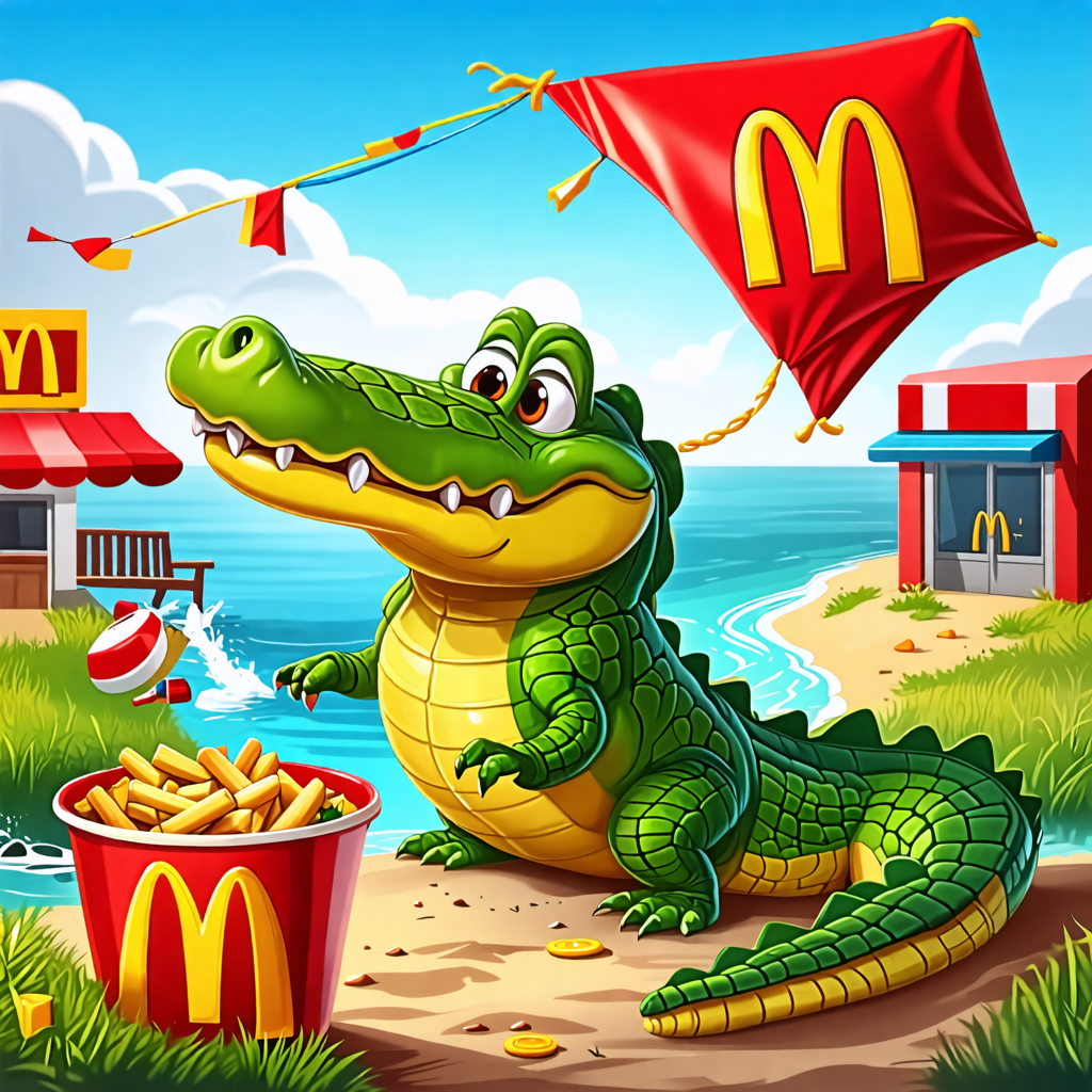 crocodile, bucket, mcdonalds, kite