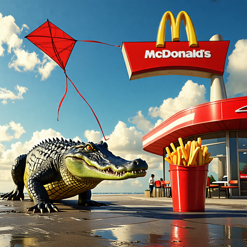 crocodile, kite, mcdonalds, bucket