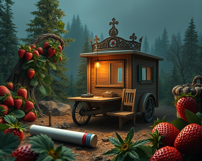 crown, cigarette, strawberry, tricycle, cabin