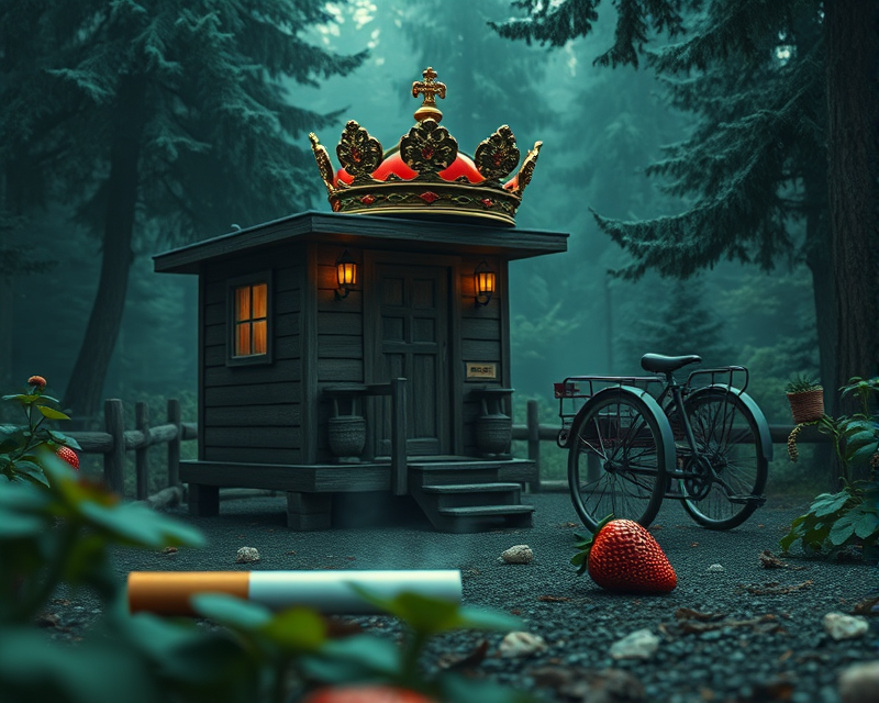 crown, cigarette, strawberry, tricycle, cabin