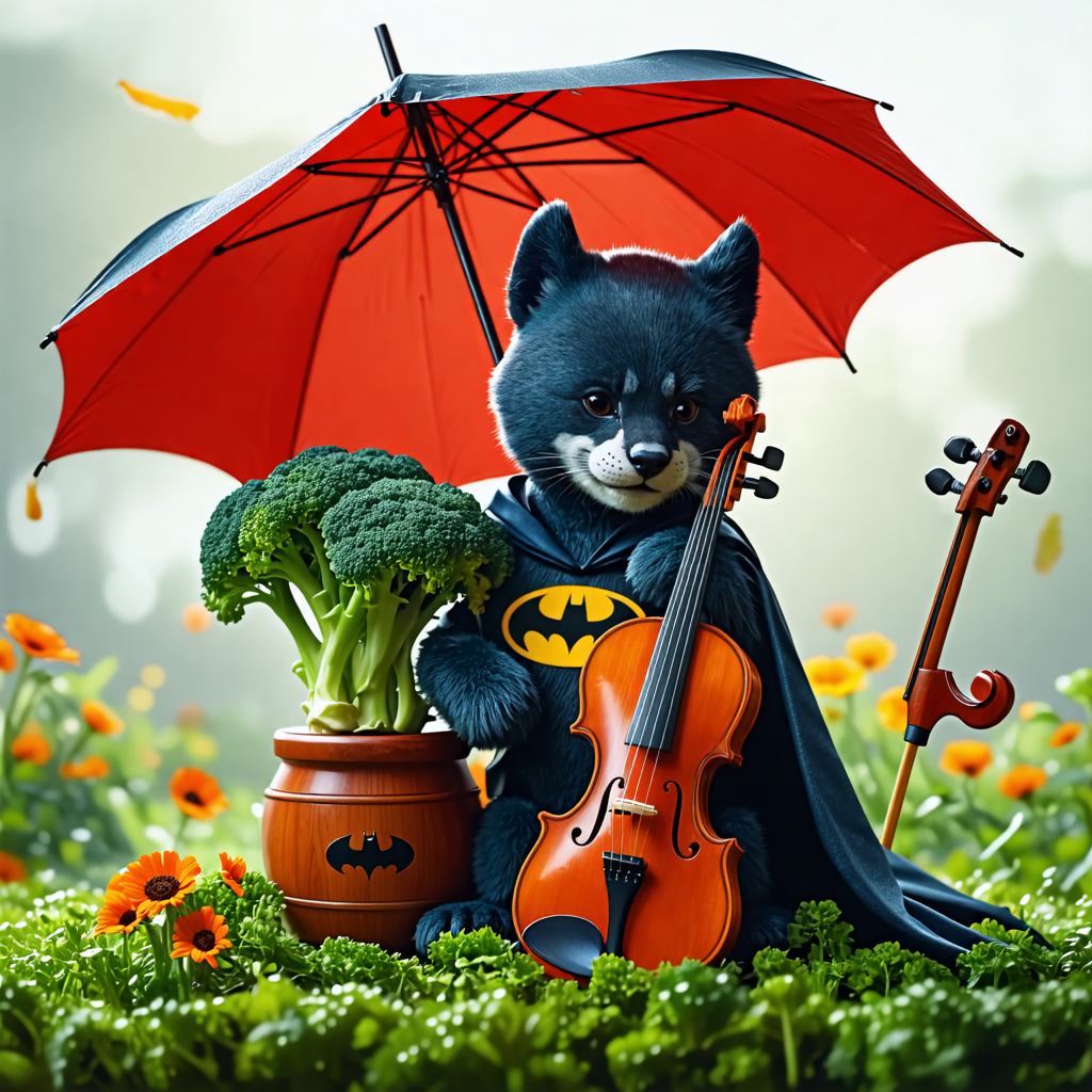 cub, broccoli, batman, umbrella, violin