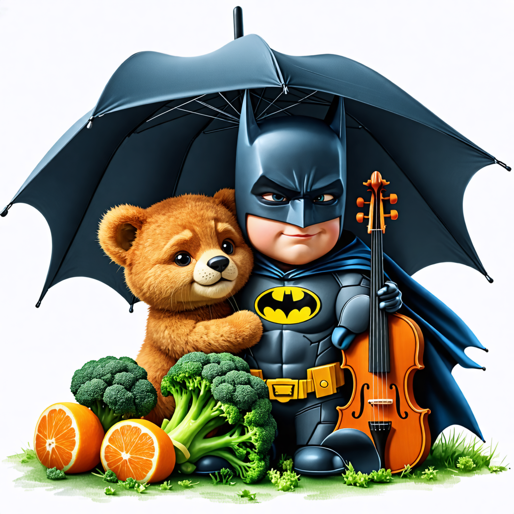 cub, broccoli, umbrella, batman, violin