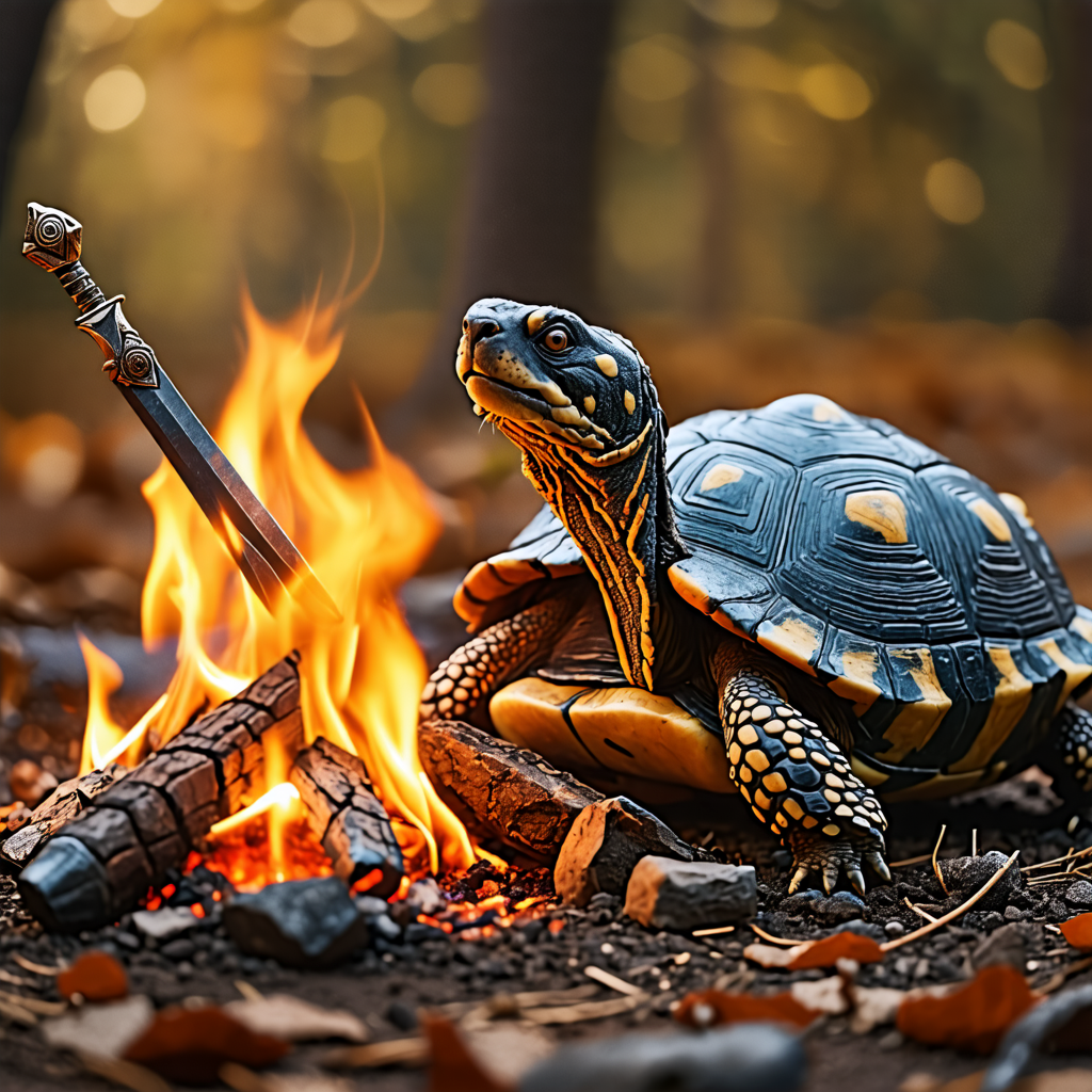 cub, tortoise, campfire, sword