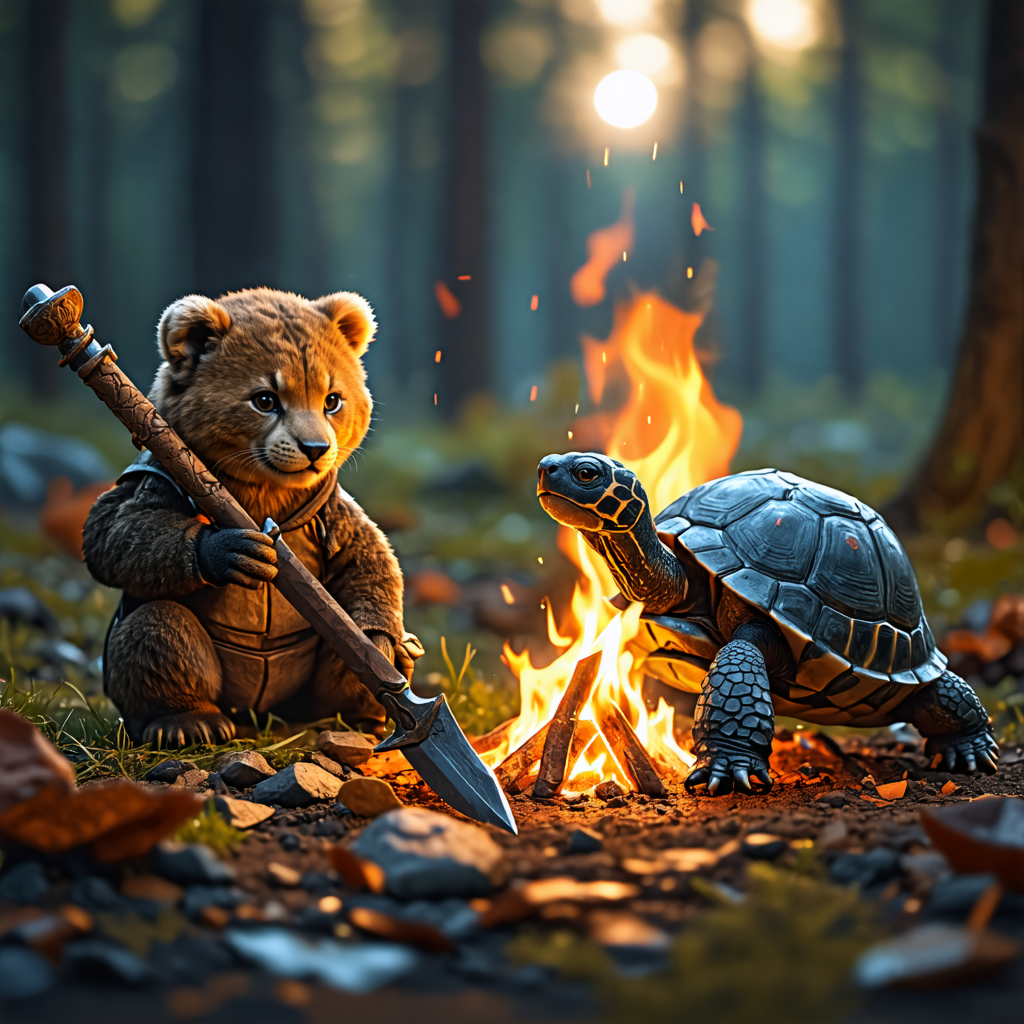 cub, tortoise, sword, campfire