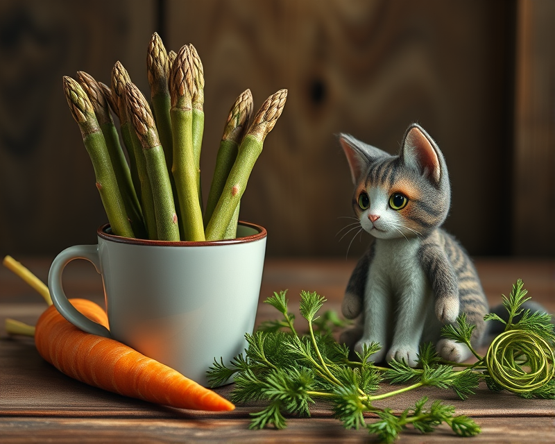 cup, asparagus, carrot, cat, doll