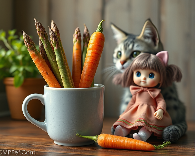 cup, asparagus, carrot, cat, doll