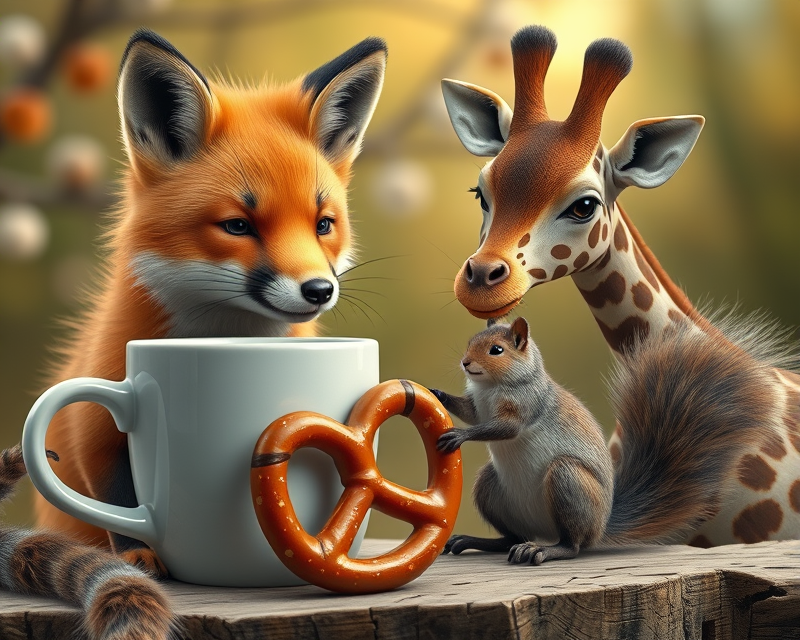 cup, fox, pretzel, squirrel, giraffe