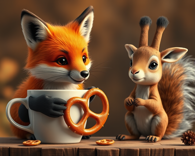 cup, fox, pretzel, squirrel, giraffe