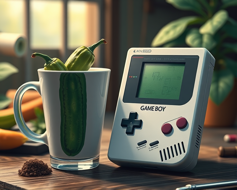 cup, pickle, gameboy