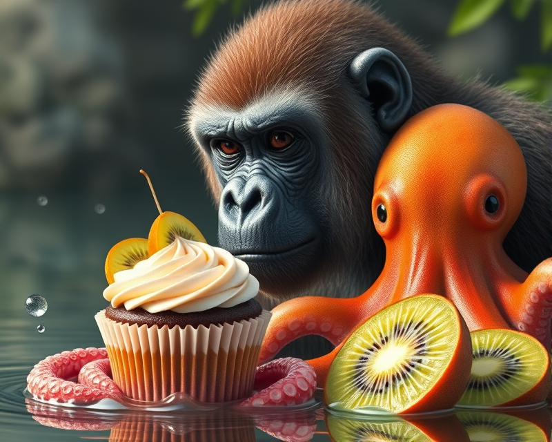 cupcake, gorilla, water, octopus, kiwi