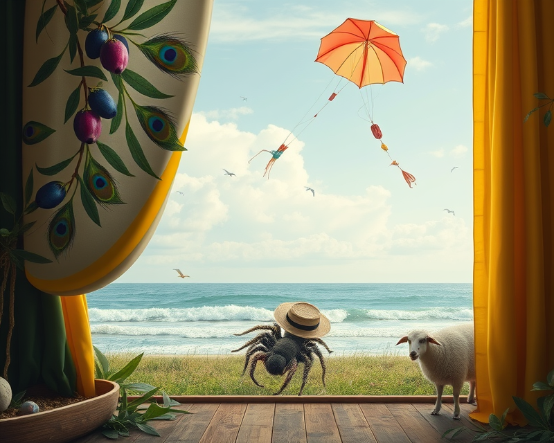 curtain, surfboard, peacock, olive, tarantula, blueberry, hat, kite, sheep