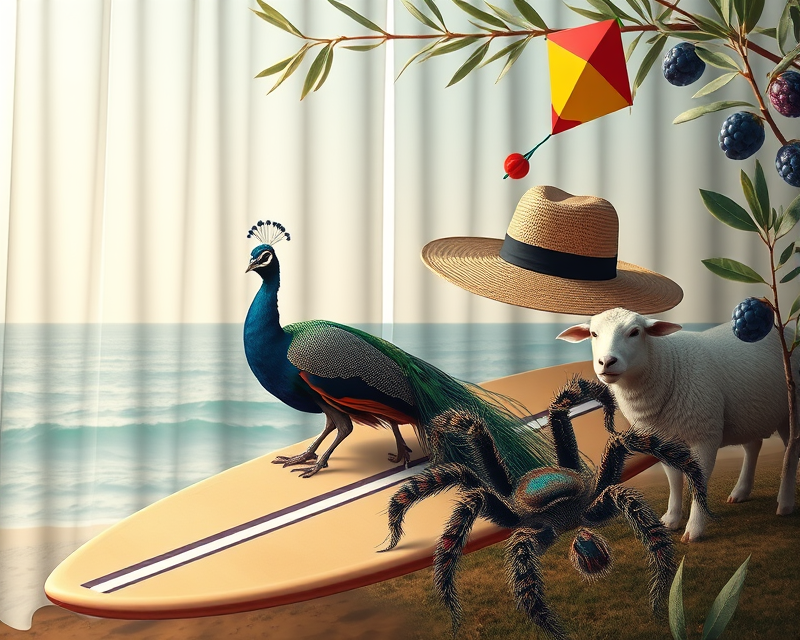 curtain, surfboard, peacock, olive, tarantula, blueberry, hat, kite, sheep