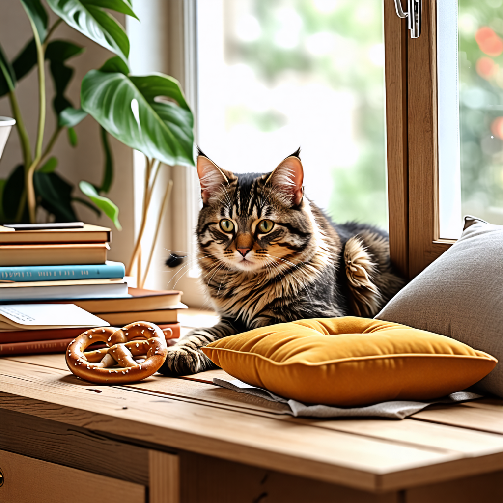 cushion, cat, wood, desk, pretzel