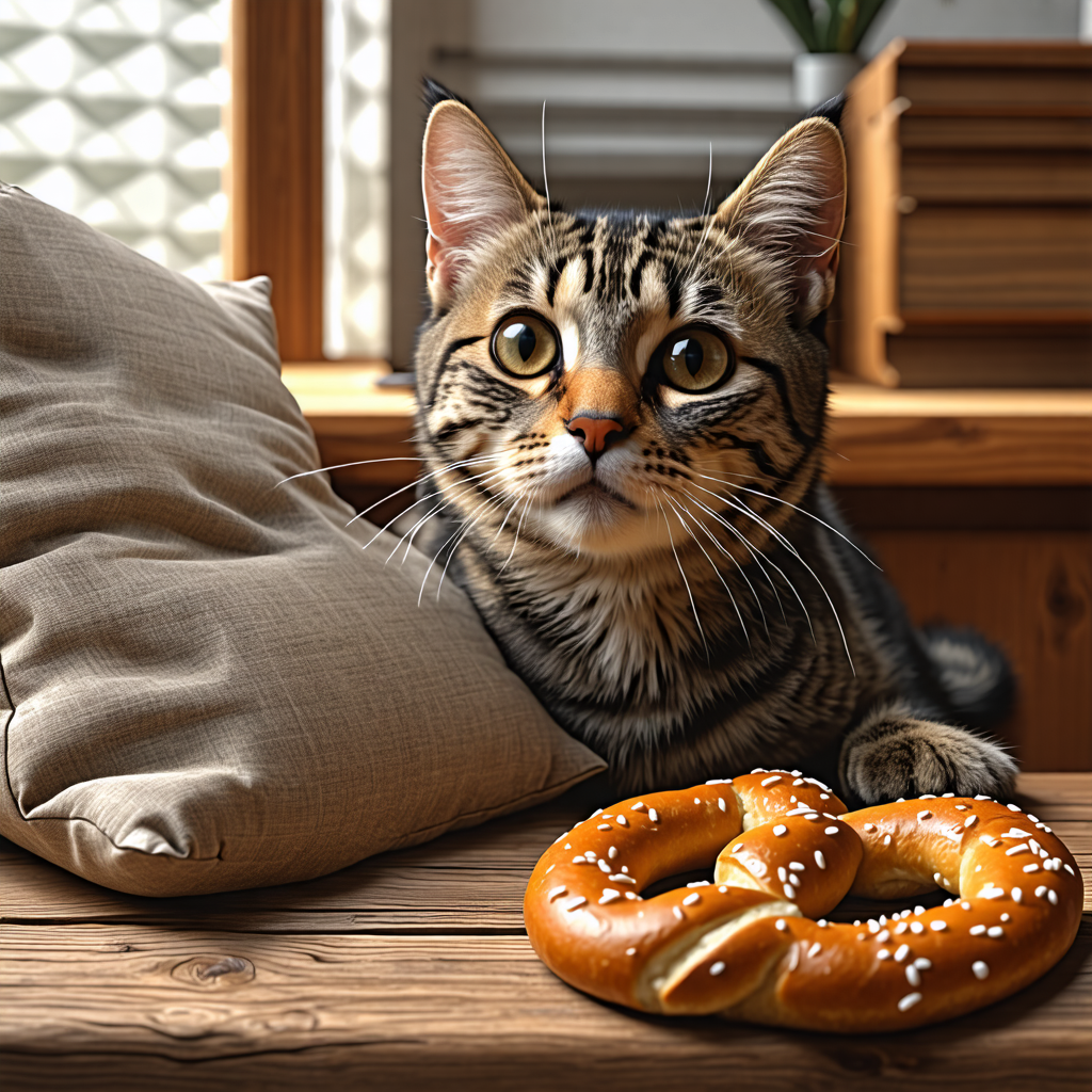 cushion, cat, wood, desk, pretzel