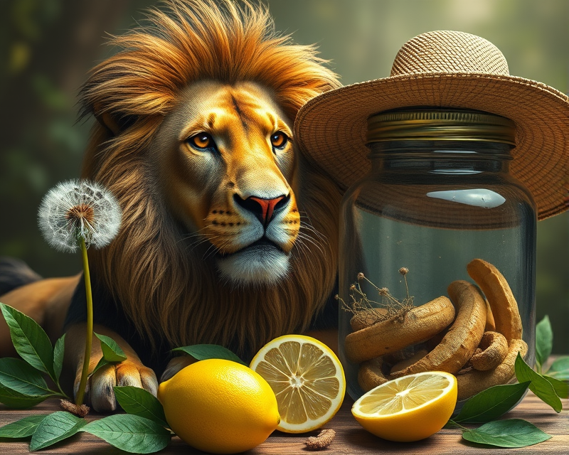 dandelion, jar, lion, hat, lemon