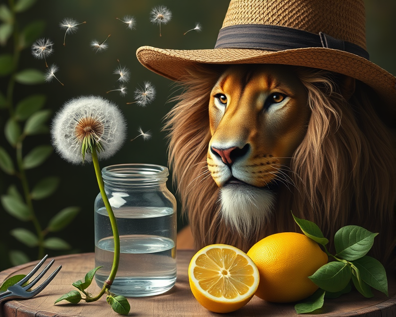 dandelion, jar, lion, hat, lemon