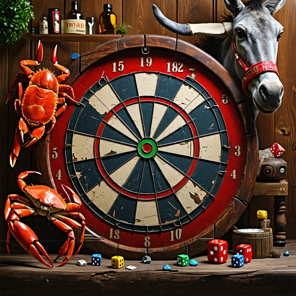 dartboard, crab, shirt, dice, donkey