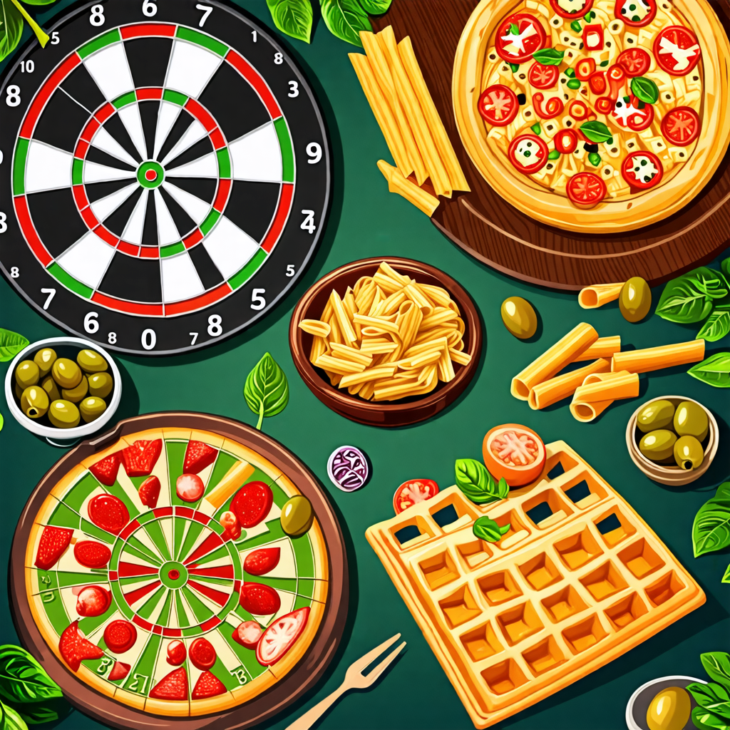 dartboard, olive, pasta, waffle, pool