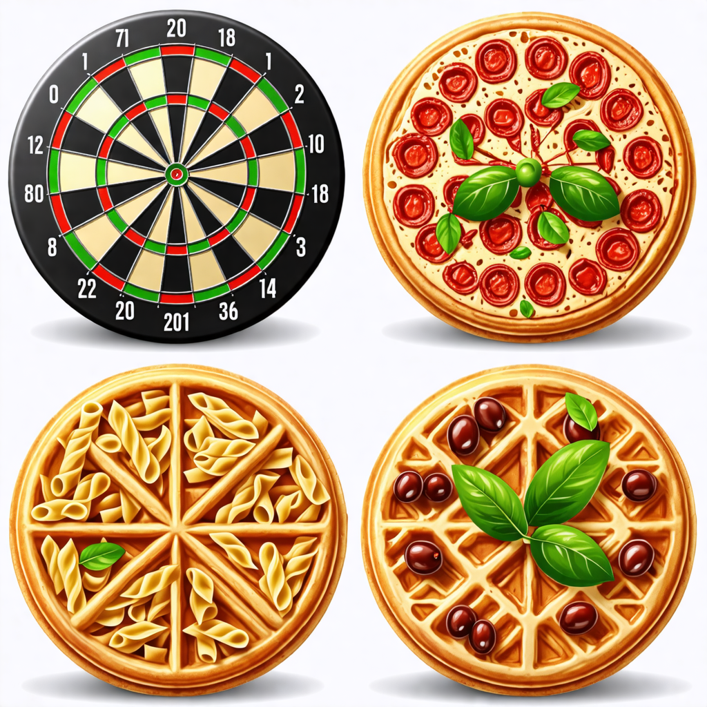 dartboard, olive, waffle, pasta, pool