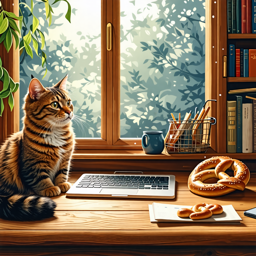 desk, wood, pretzel, cat