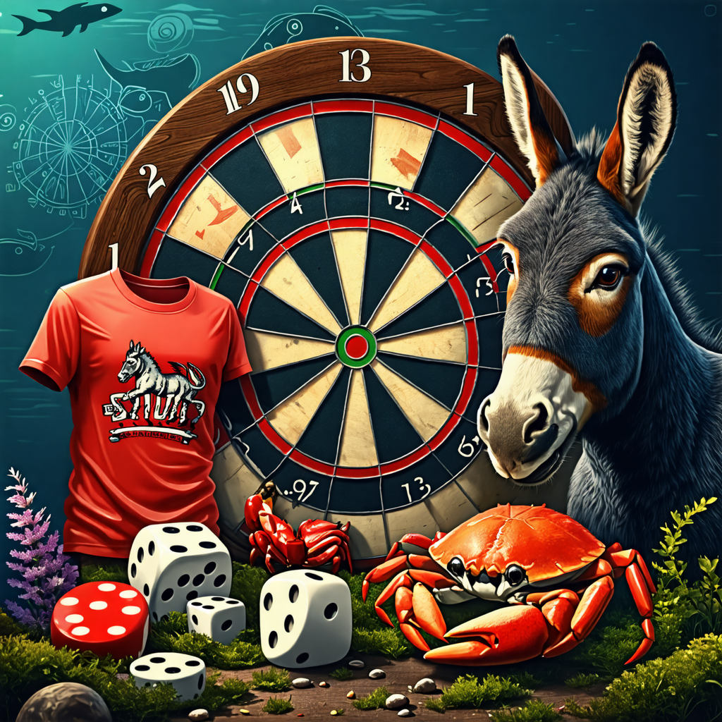 dice, dartboard, donkey, crab, shirt