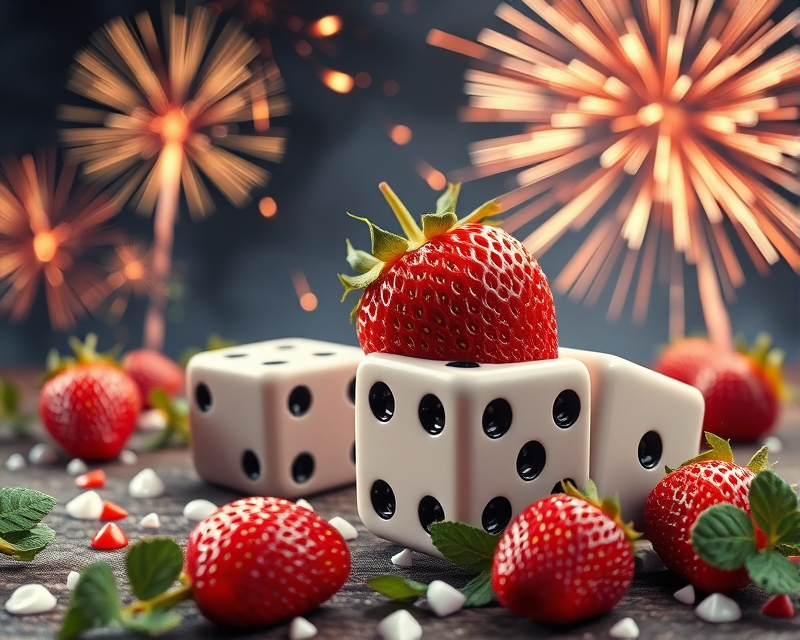 dice, fireworks, strawberry