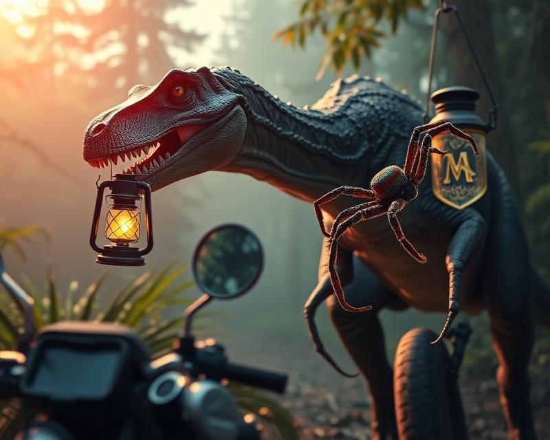 dinosaur, spider, lantern, glasses, motorcycle