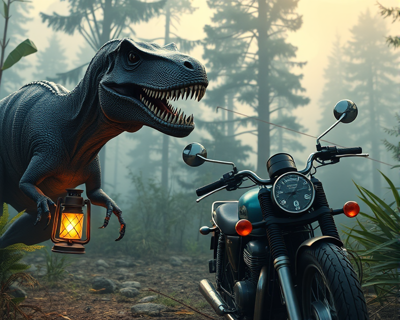 dinosaur, spider, lantern, glasses, motorcycle