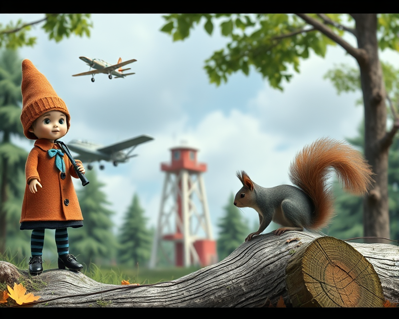 doll, log, airplane, tower, squirrel