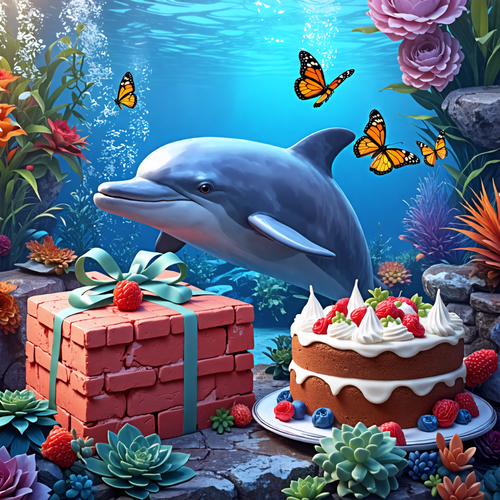 dolphin, brick, butterfly, cushion, cake