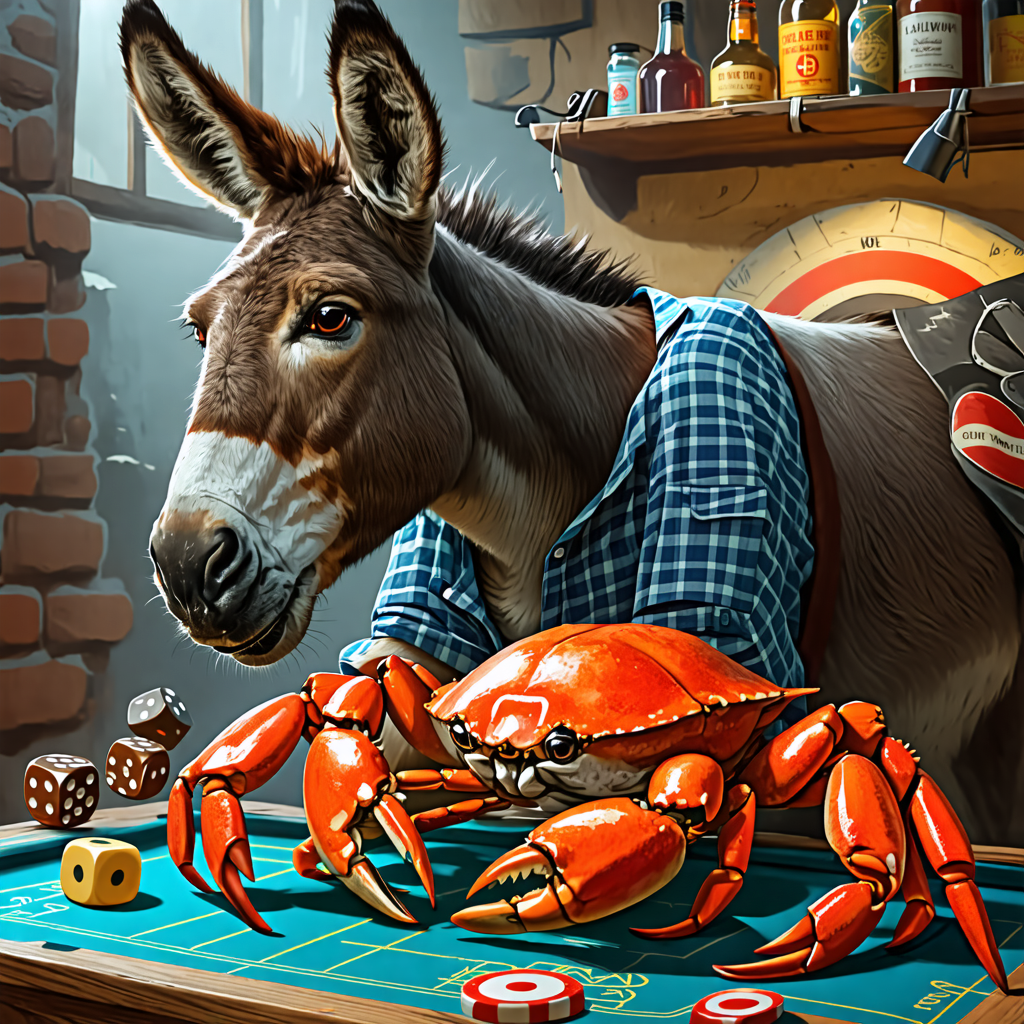 donkey, crab, shirt, dice, dartboard