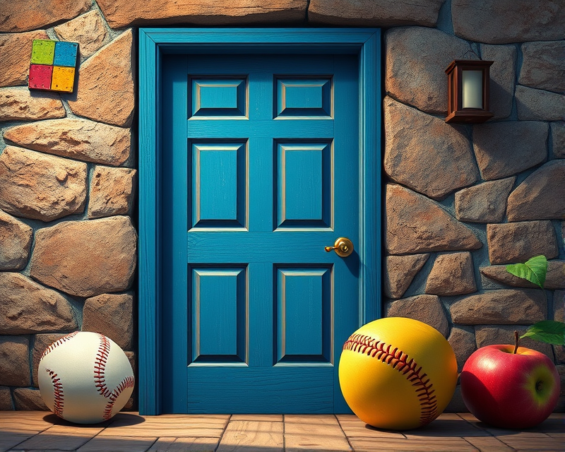 door, baseball, apple