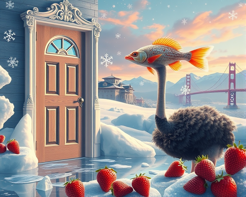 door, fish, snowflake, ostrich, bridge, ice, pool, strawberry