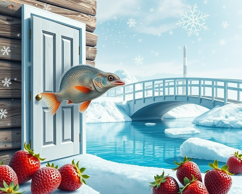 door, fish, snowflake, ostrich, bridge, ice, pool, strawberry