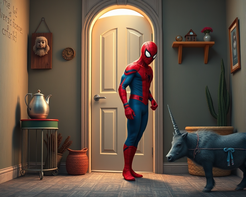 door, spiderman, kettle, unicorn, anteater