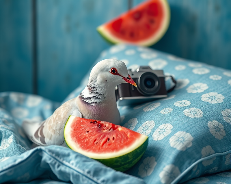 dove, camera, watermelon, pillow, blue