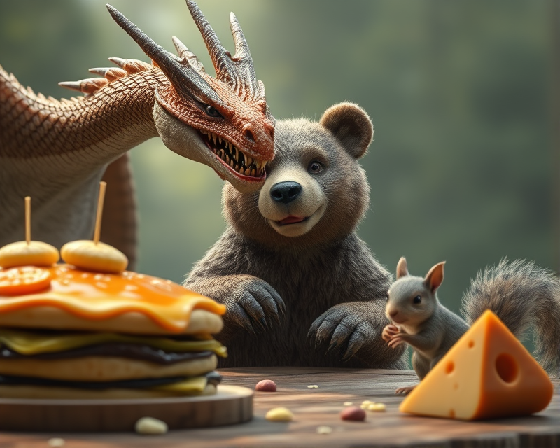 dragon, pancake, bear, squirrel, cheese