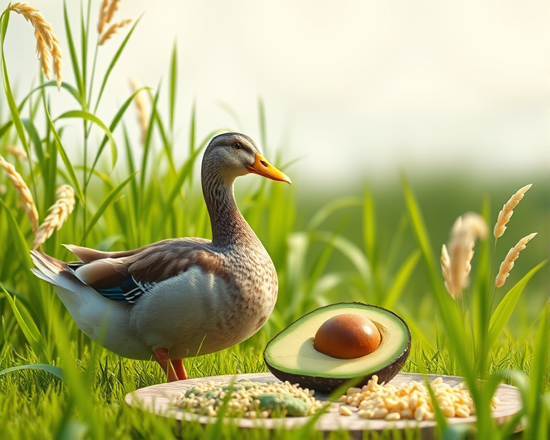 duck, avocado, rice, grass