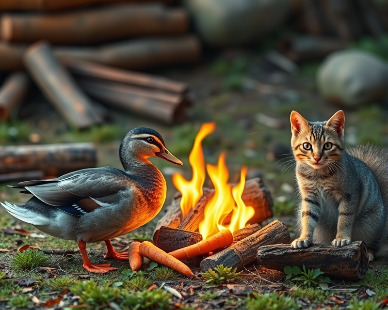 duck, squirrel, carrot, cat, campfire