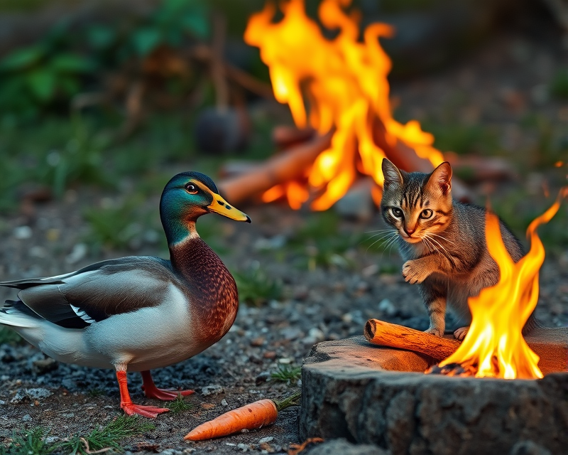 duck, squirrel, carrot, cat, campfire